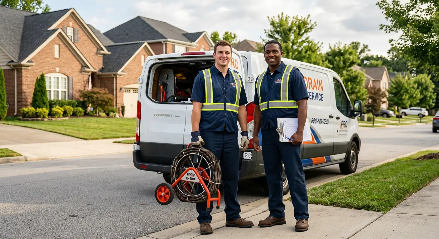 Sewer and drain service team with equipment ready for work in Northport
