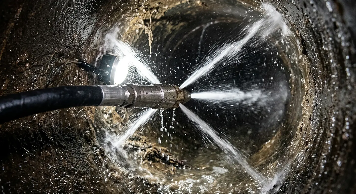 High-pressure hydro jetting nozzle cleaning sewer pipe for Trenchless Sewer Repair in Northport