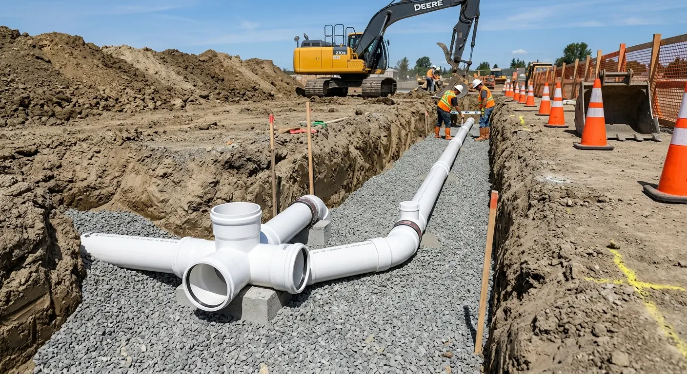 New PVC sewer pipe installation in open trench for Sewer Backup in Northport