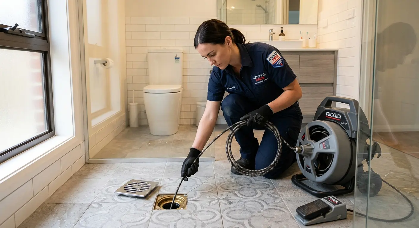 Technician clearing a bathroom floor drain for Drain Cleaning in Northport
